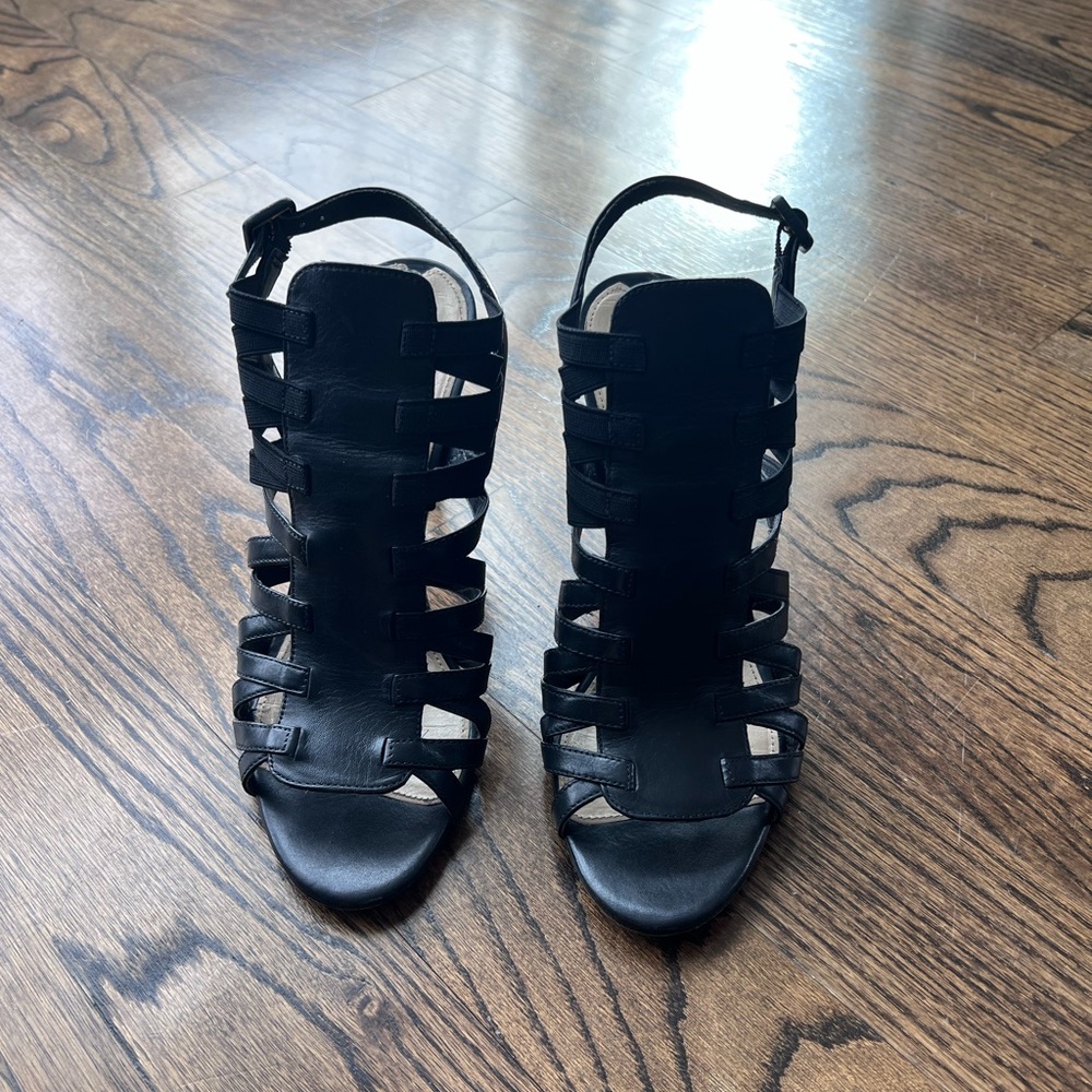 Via Spiga Black Leather Gladiator High Heel Sandals - Picture 2 of 9